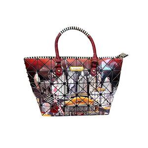 Nicole Lee USA NYC Graphic Tote Bag Red Patent City Print Structured Purse NWOT